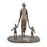 Hélène Guastalla (1903-1983), pregnant mother with two children, brown patinated bronze on a broad