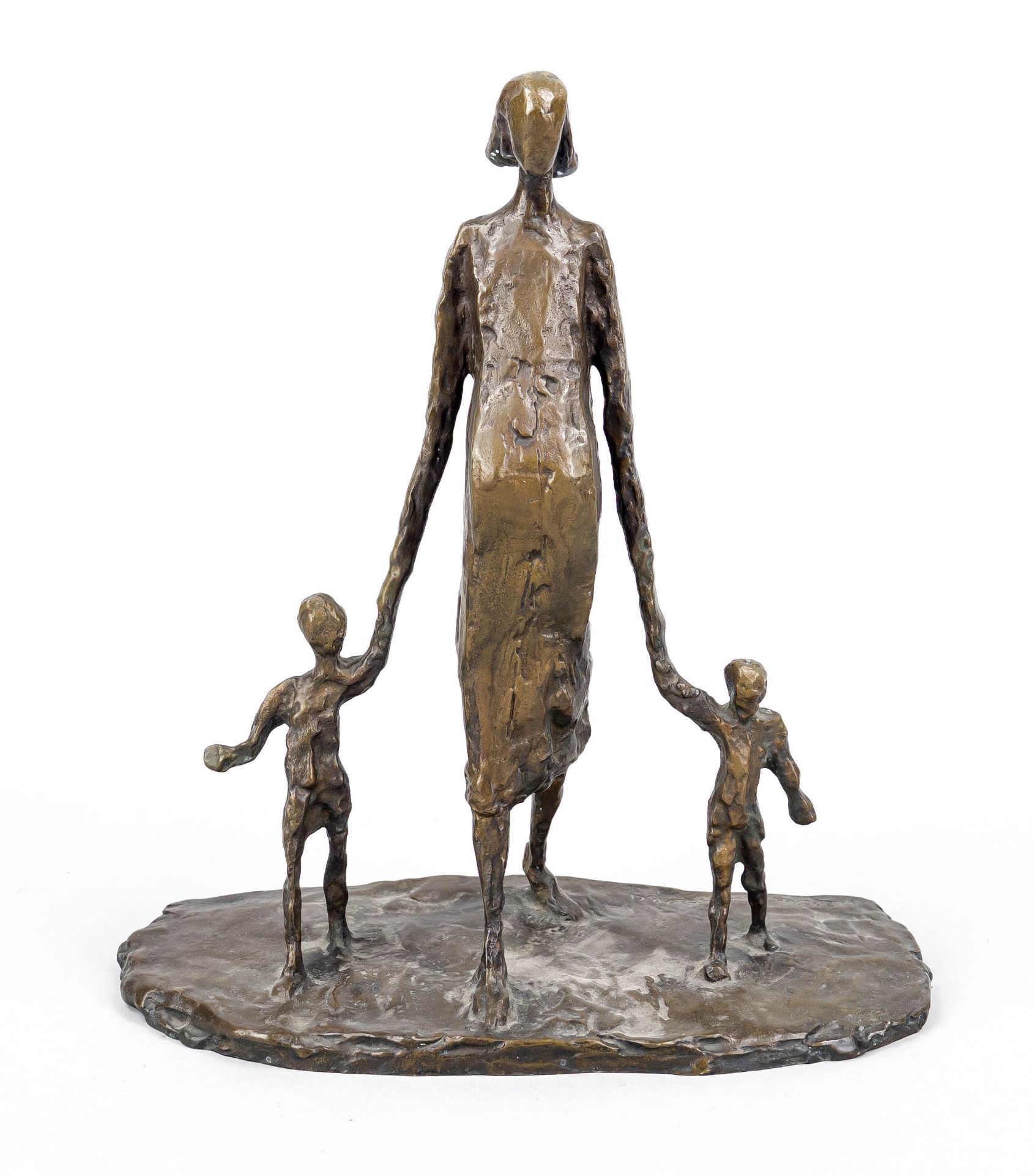 Hélène Guastalla (1903-1983), pregnant mother with two children, brown patinated bronze on a broad