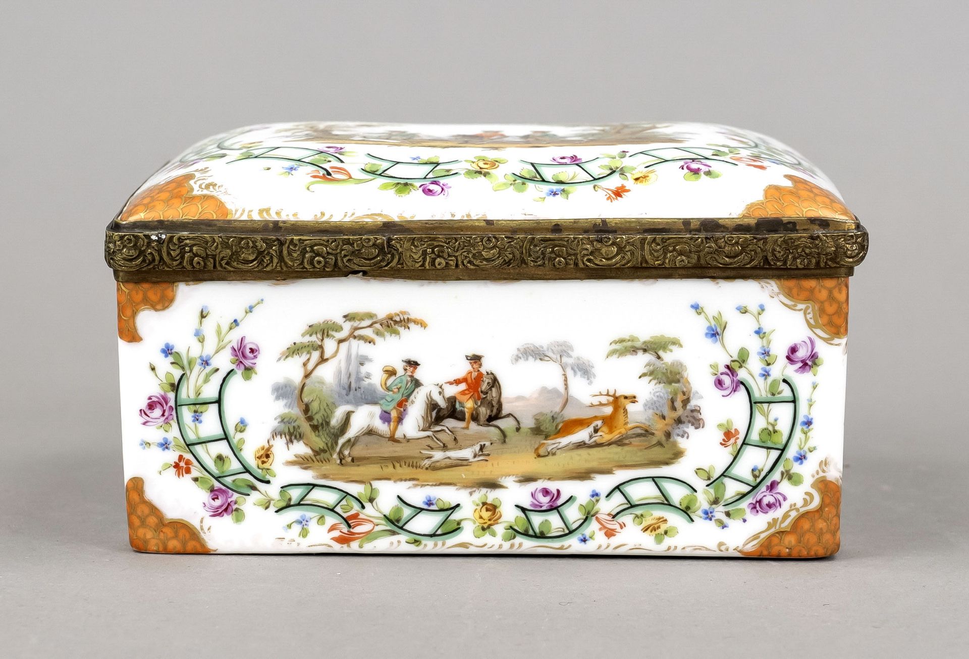 Lidded box in the style of 18th century KPM Berlin, unmarked, rectangular form with hinged, slightly - Image 3 of 7