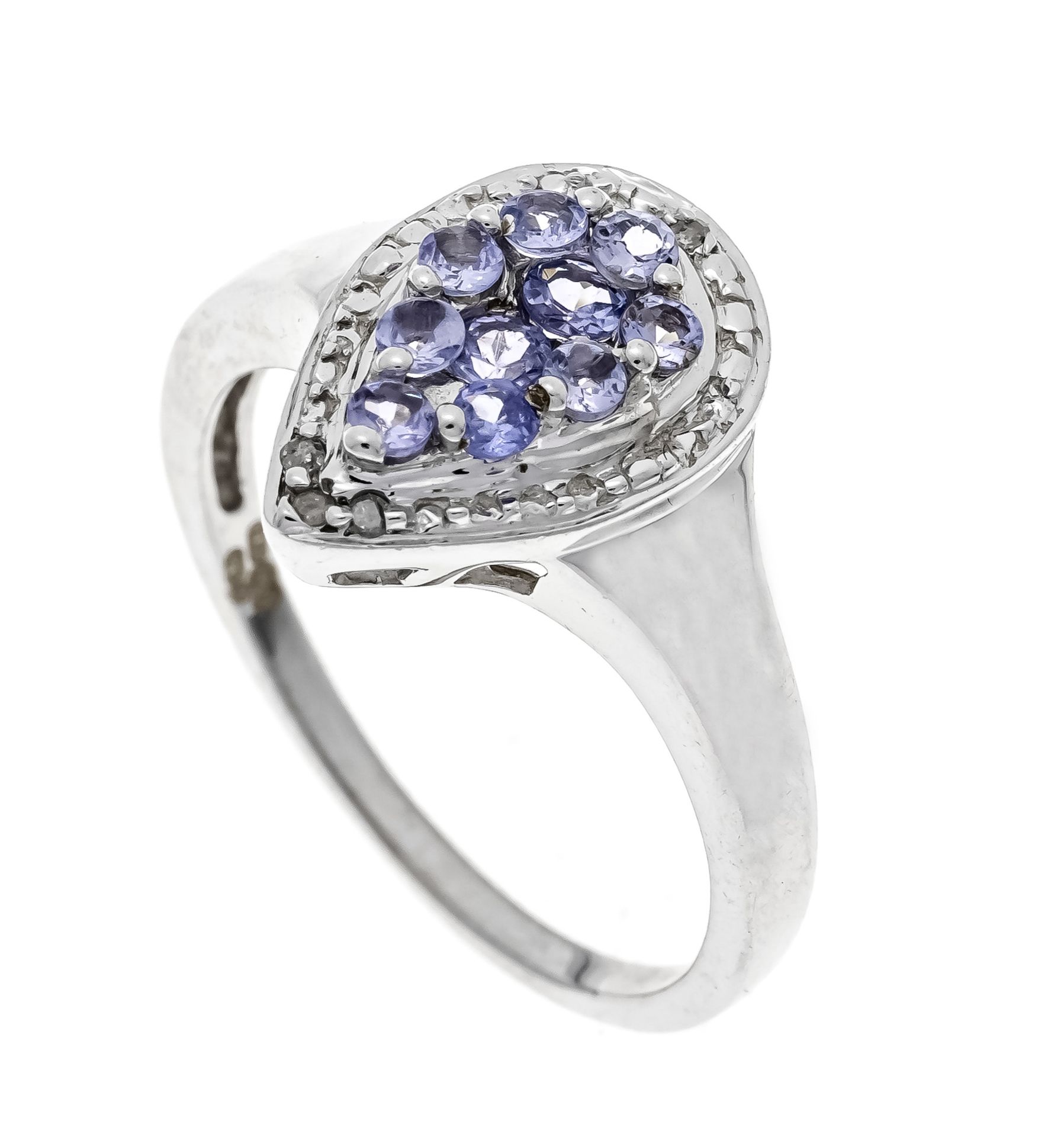 Tanzanite diamond ring WG 375/000 with 10 round faceted tanzanites, total 0.35 ct and 4 octagonal