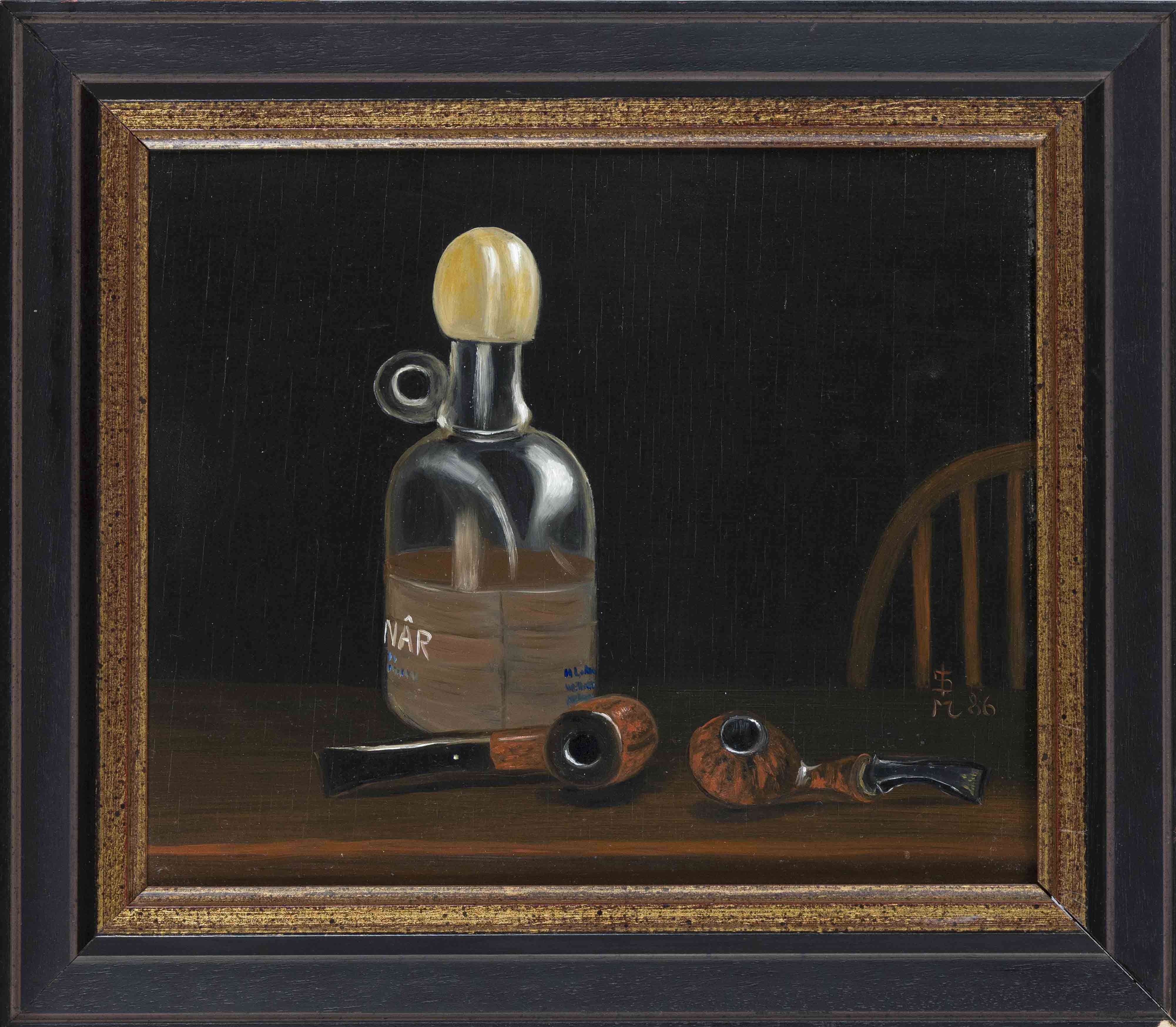 Monogrammist SM, late 20th century, Still life with bottle and pipes, oil on wood, monogrammed and