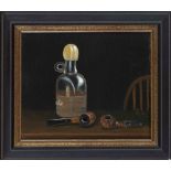 Monogrammist SM, late 20th century, Still life with bottle and pipes, oil on wood, monogrammed and