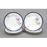 Six Desert plates, Meissen, marks 1950s, 2nd century, New cut-out shape, polychrome flower