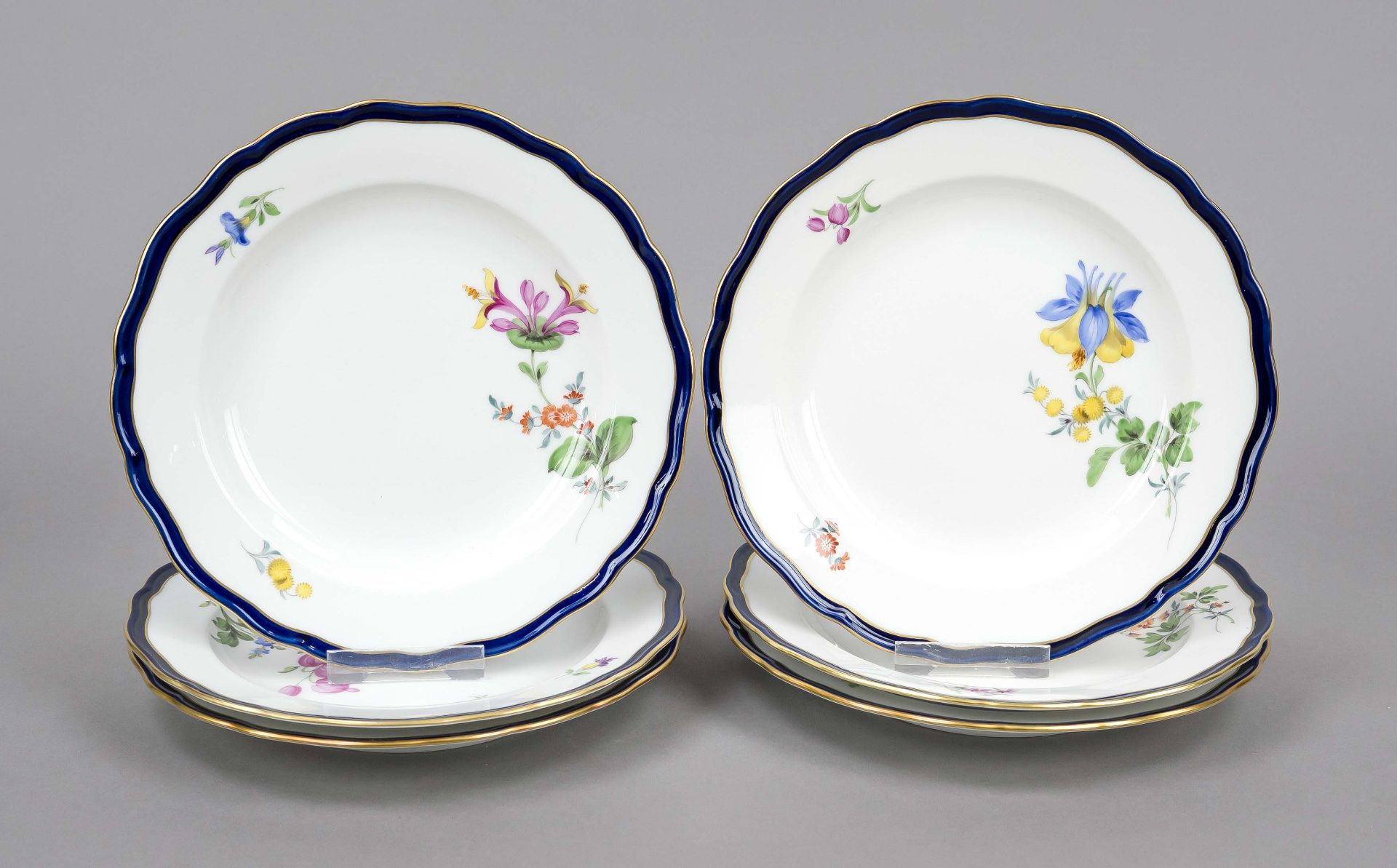 Six Desert plates, Meissen, marks 1950s, 2nd century, New cut-out shape, polychrome flower