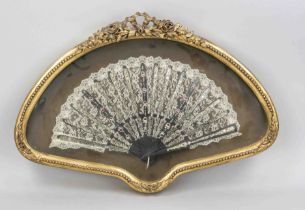 Fan framed behind glass, 20th century, wood and textile, fan struts with flower painting and