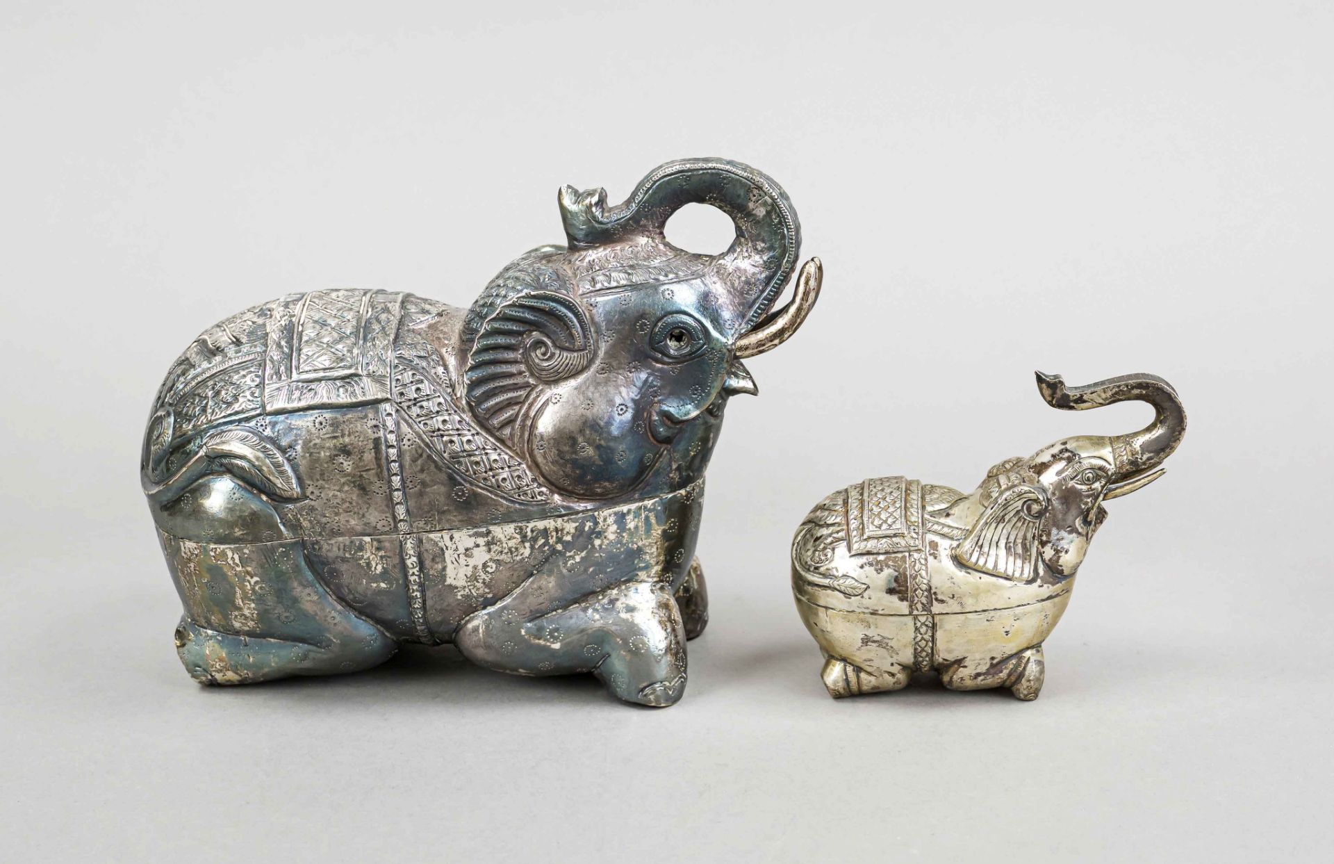 Two figural lidded boxes, 20th century, silver 900/000 and tested, in the shape of reclining