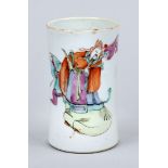 Famille Rose Bitong/vase, China Republic period. Cylindrical body with figural decoration. An iron-