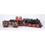 Large railroad, 1st half 20th century, polychrome painted/lacquered wood. Steam locomotive with