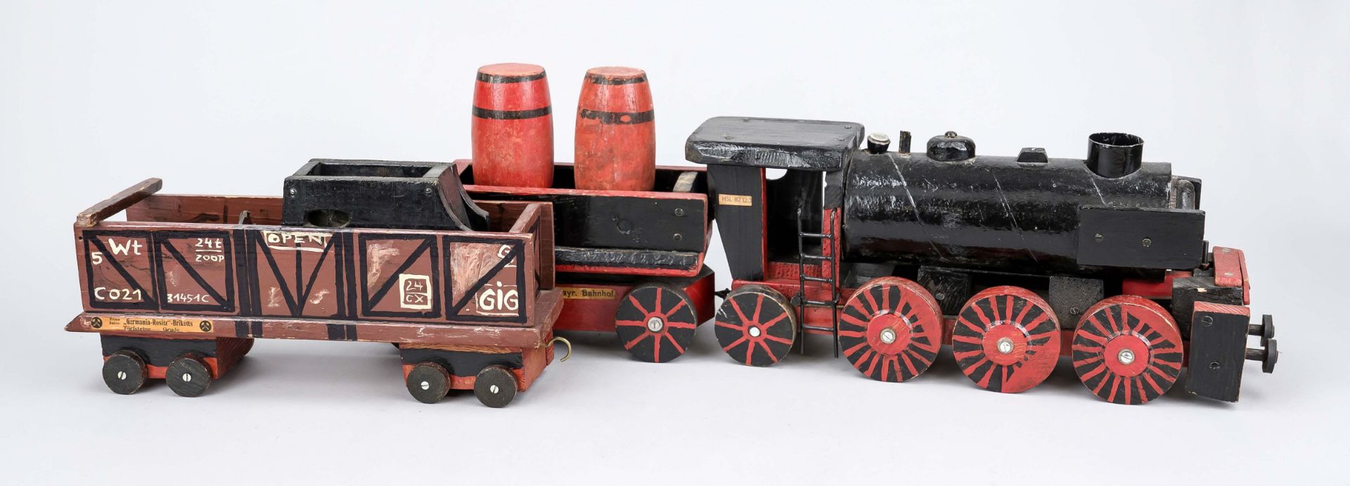 Large railroad, 1st half 20th century, polychrome painted/lacquered wood. Steam locomotive with