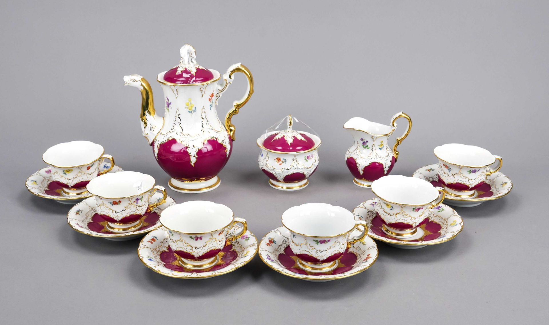Stately mocha service for six persons, 15-piece, Meissen, 2nd half of the 20th century, 1st