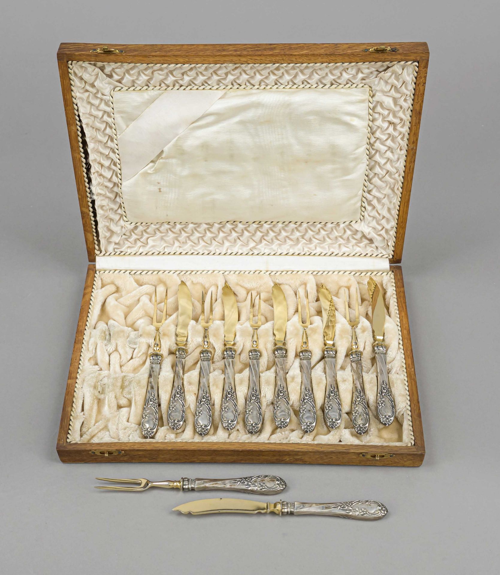 Fruit cutlery for six persons, 20th century, silver 800/000, filled handles with floral relief