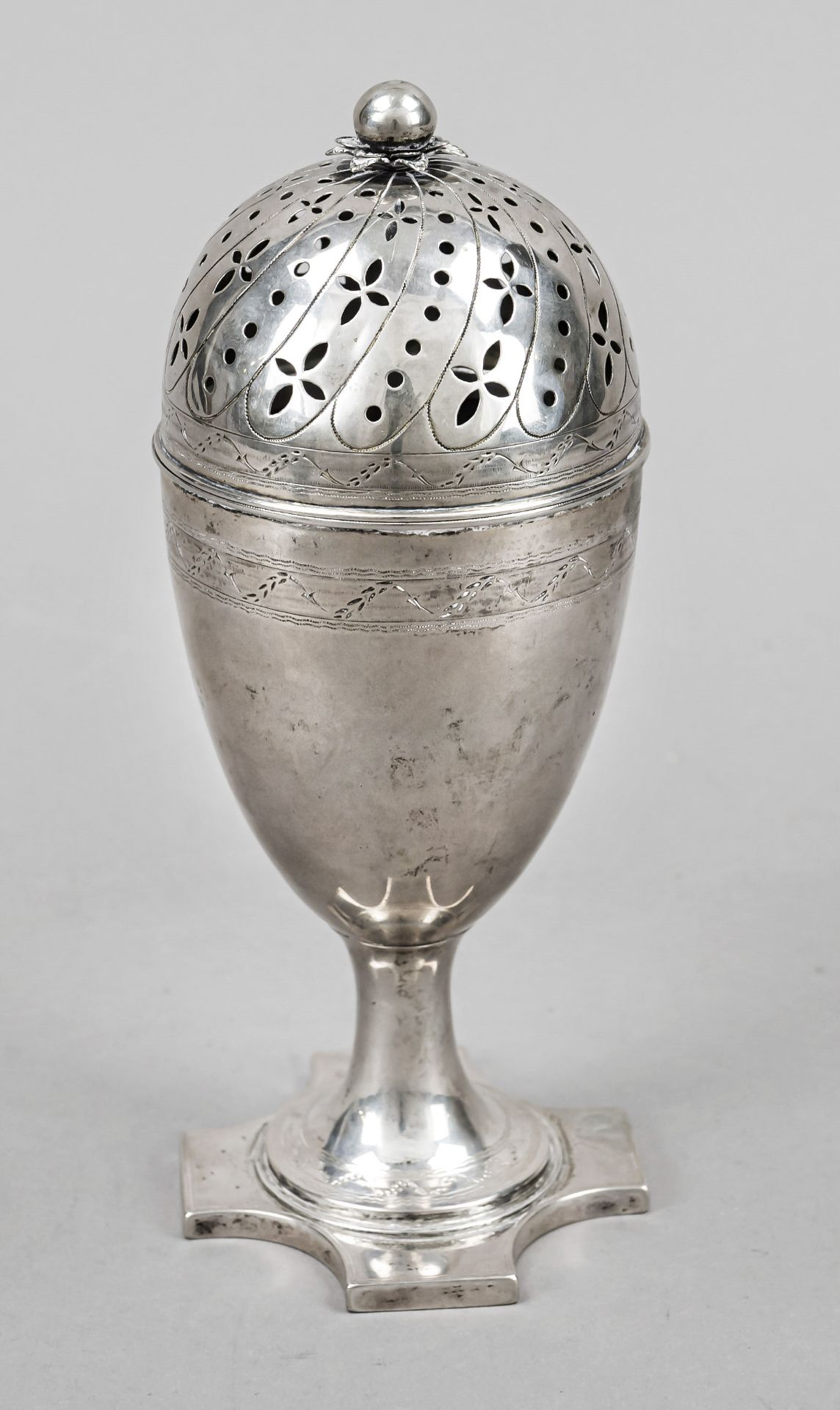 Large sugar shaker, late 19th century, master's mark CES, plated, round base, on a square plinth