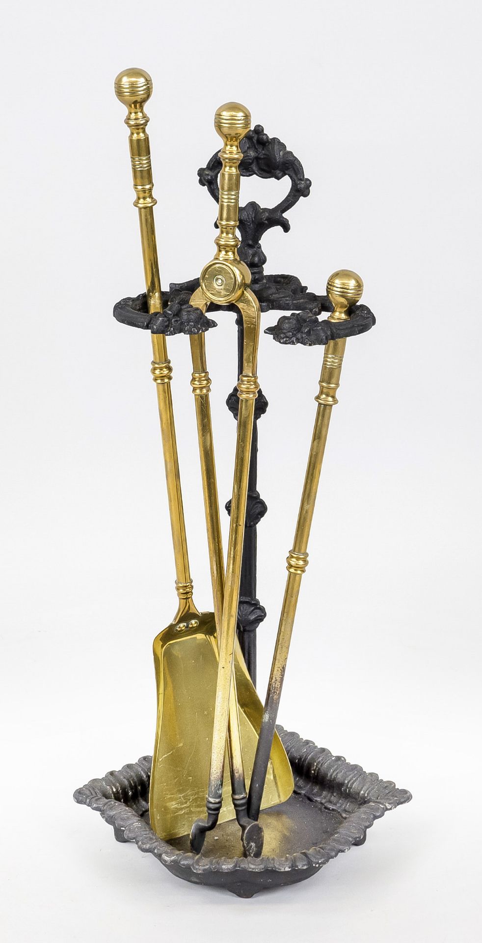 Fireplace cutlery with stand, 20th century, cutlery consisting of tongs, poker and tongs. Stand