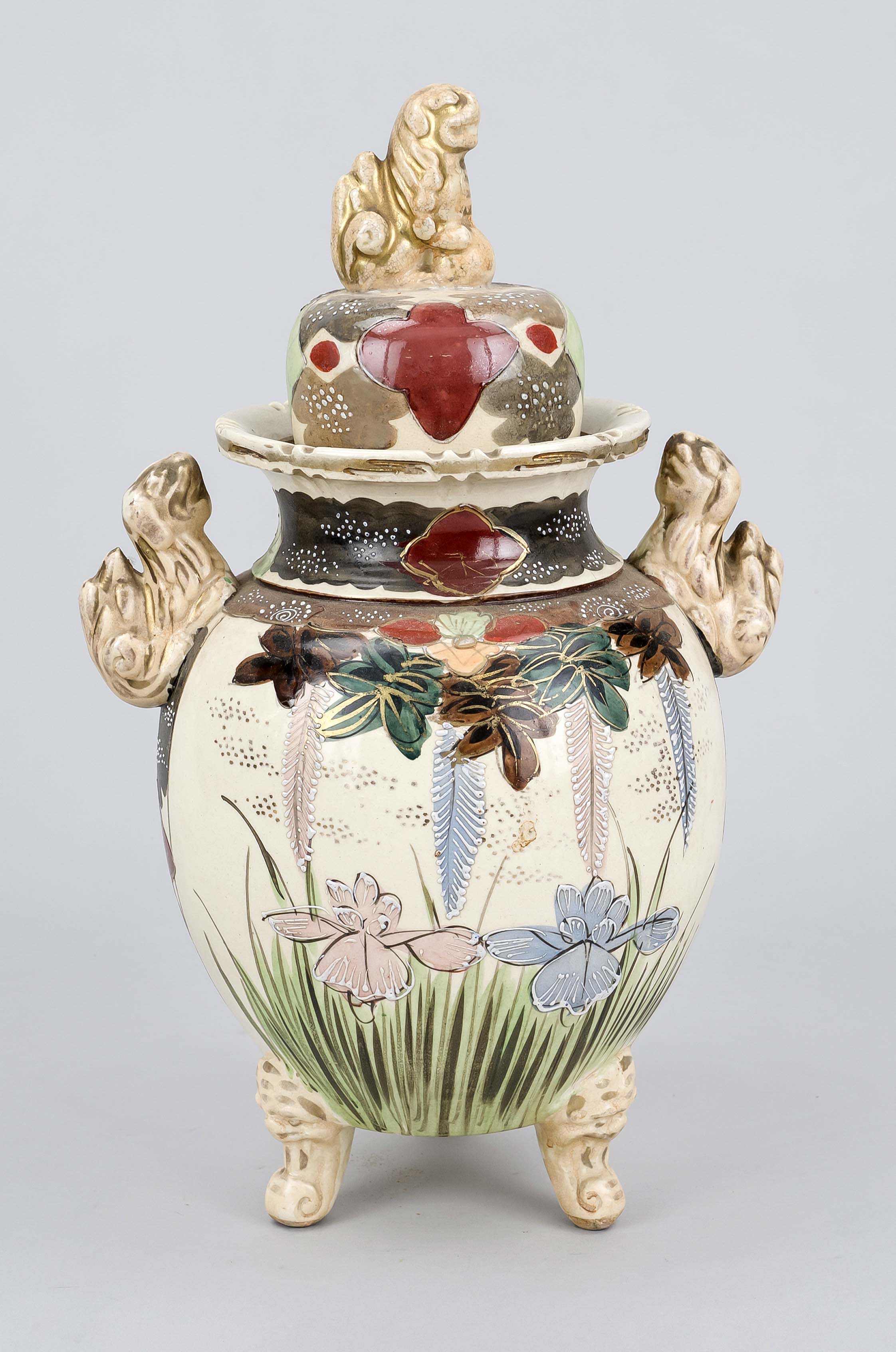 Satsuma lidded vase, Japan c. 1900 (Meiji), bulbous body on 3 feet with figural handles. Lid with - Image 2 of 2