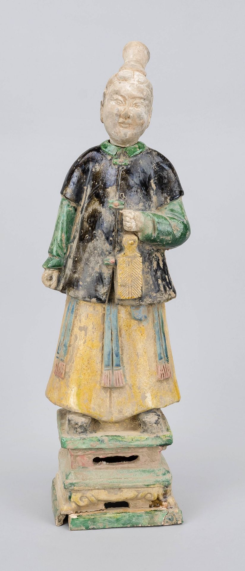 Figure of a woman, China, exact age uncertain. Polychrome painted and glazed. Inlaid head.