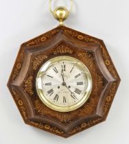 7-cornered large wooden wall clock with many floral and ornamental light inlays, also thread