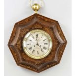 7-cornered large wooden wall clock with many floral and ornamental light inlays, also thread