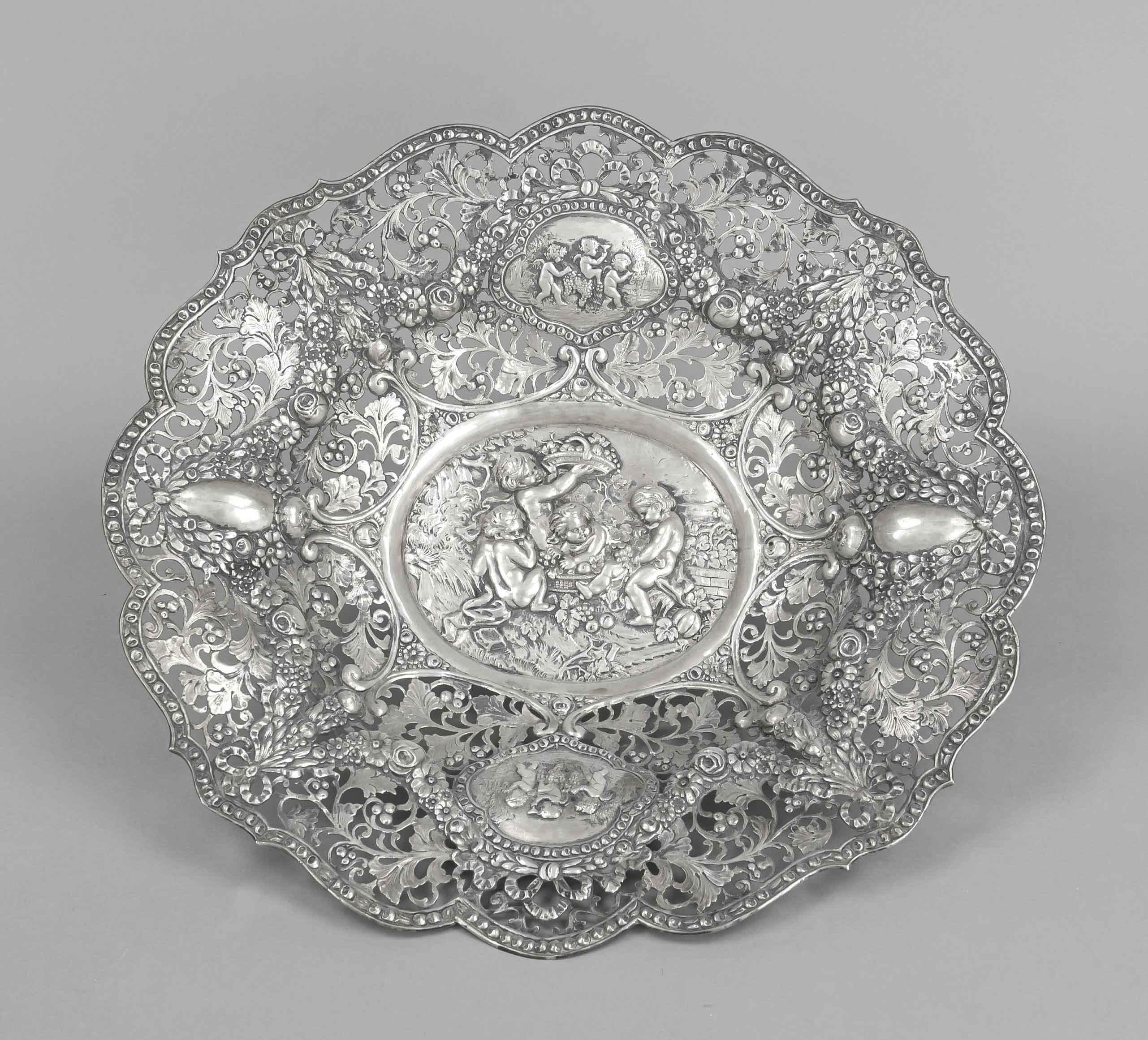 A very large oval openwork basket, German, 20th century, probably Hanau, silver 800/000, of curved