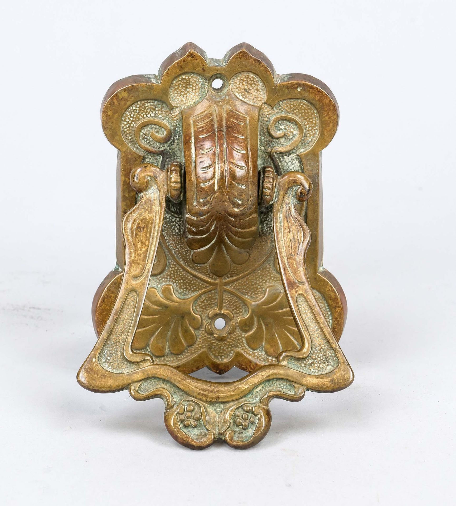 Bell push, early 20th century, brass/bronze. Art Nouveau with floral decoration, 14 x 9 cm