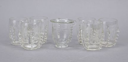 Seven glasses, 19th/20th century, 2 different shapes, 6x barrel-shaped, 1x curved, each clear