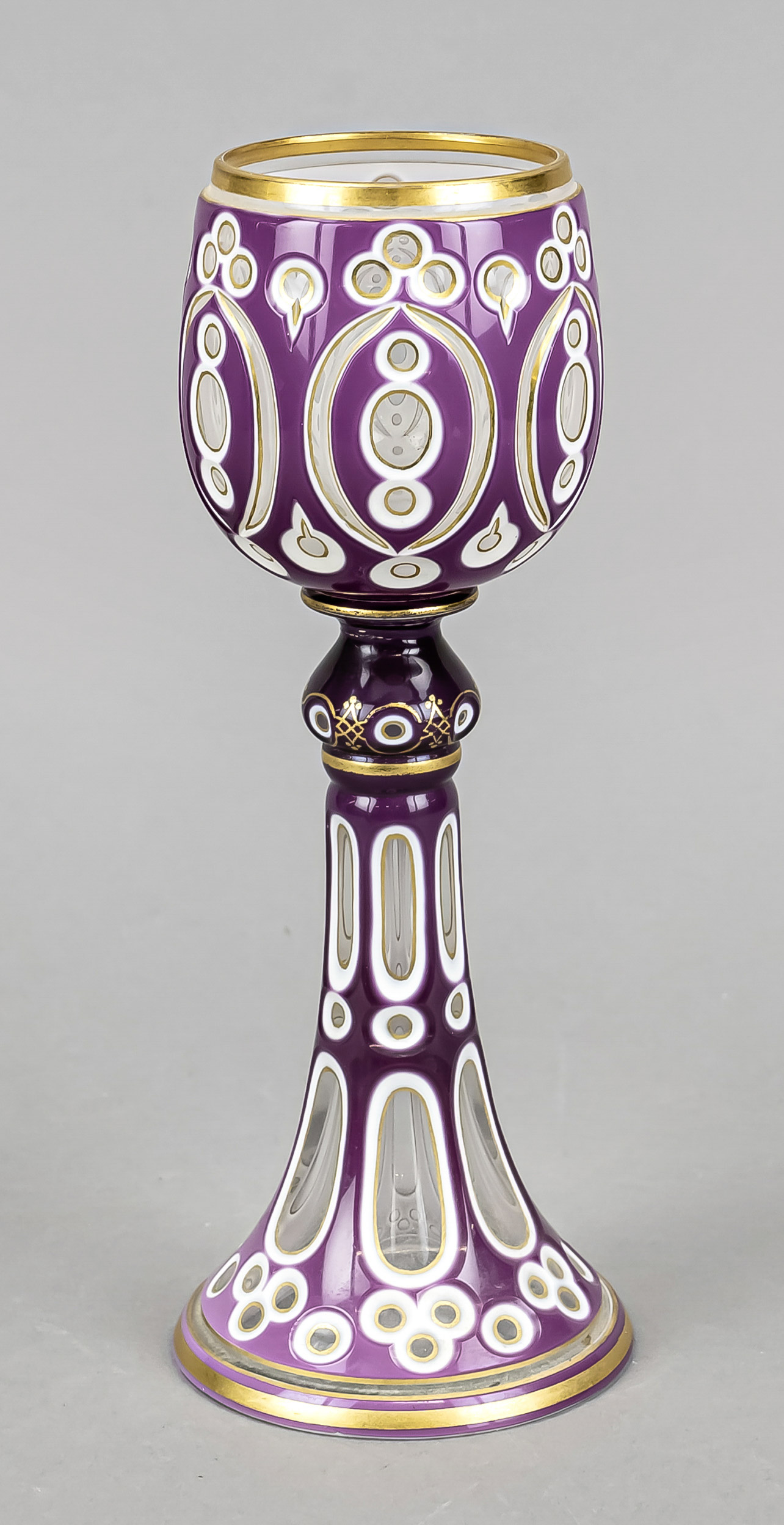 Roman, early 20th century, trumpet-shaped stand, shaft with nodus, bulbous bowl, clear glass, violet