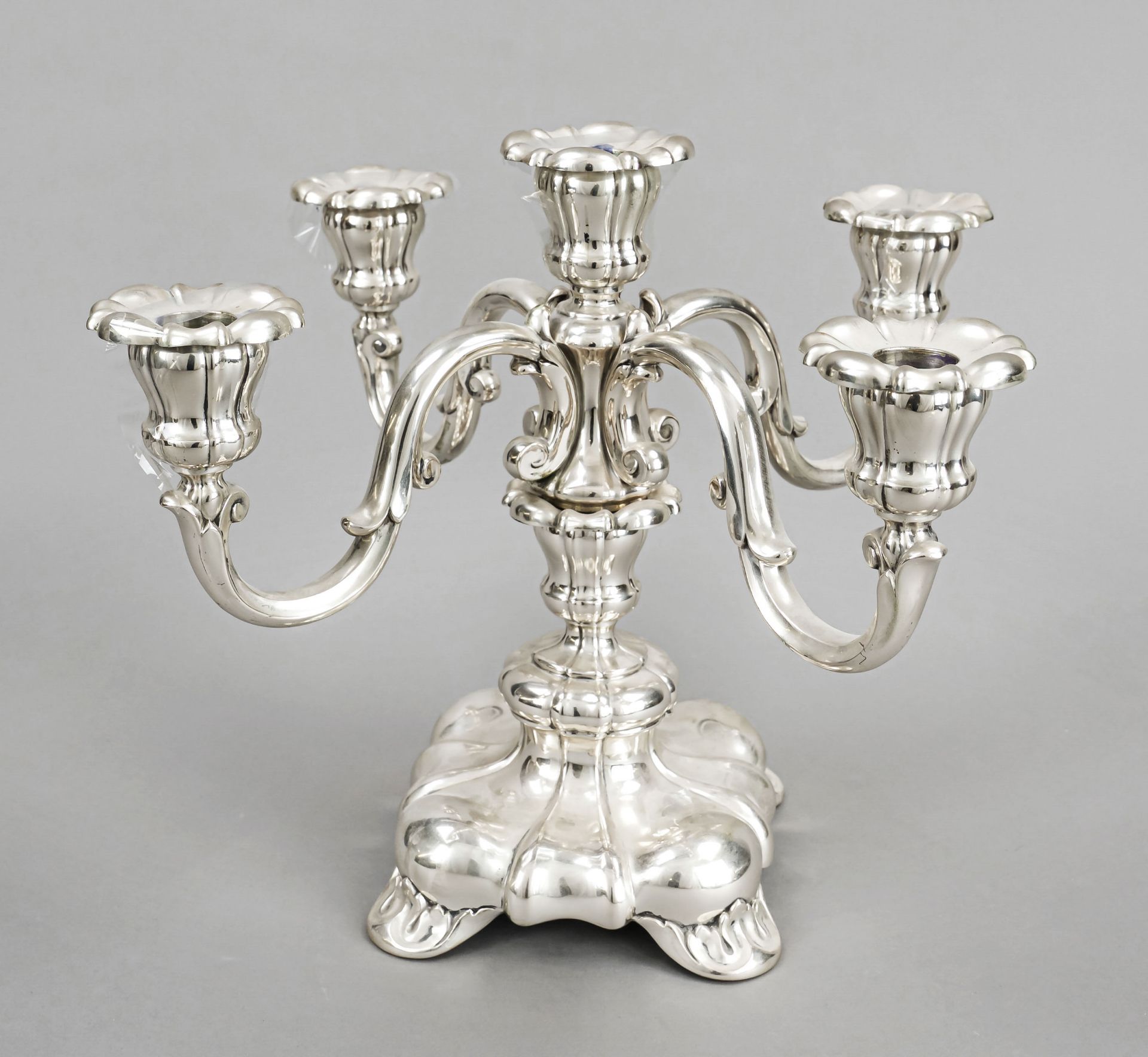 Five-flame candlestick, Austria, 20th century, silver 800/000, baroque form, square humped stand