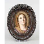 Oval picture plate, porcelain painting, Mary with enchanted gaze, h. 14 cm, carved wooden frame,