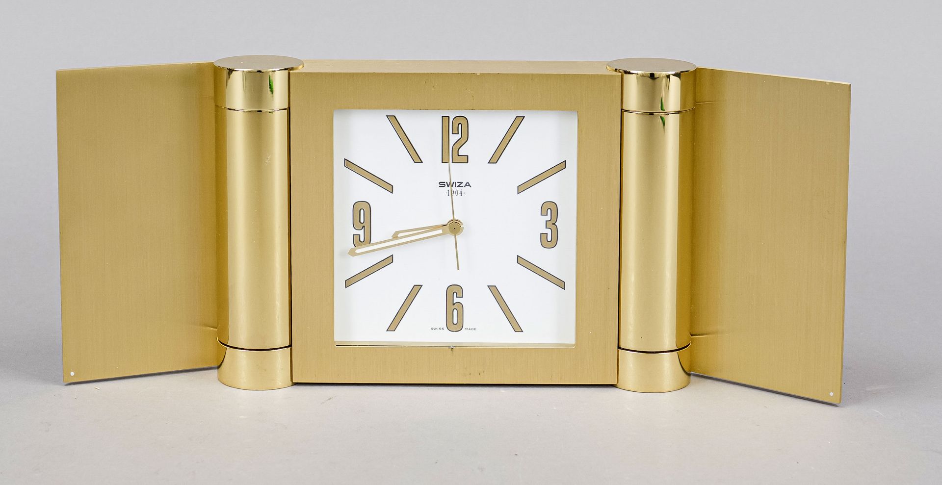 Swiza 1904, table clock, circa 1990, in the shape of a cabinet, solid brass, gilt, case with fine