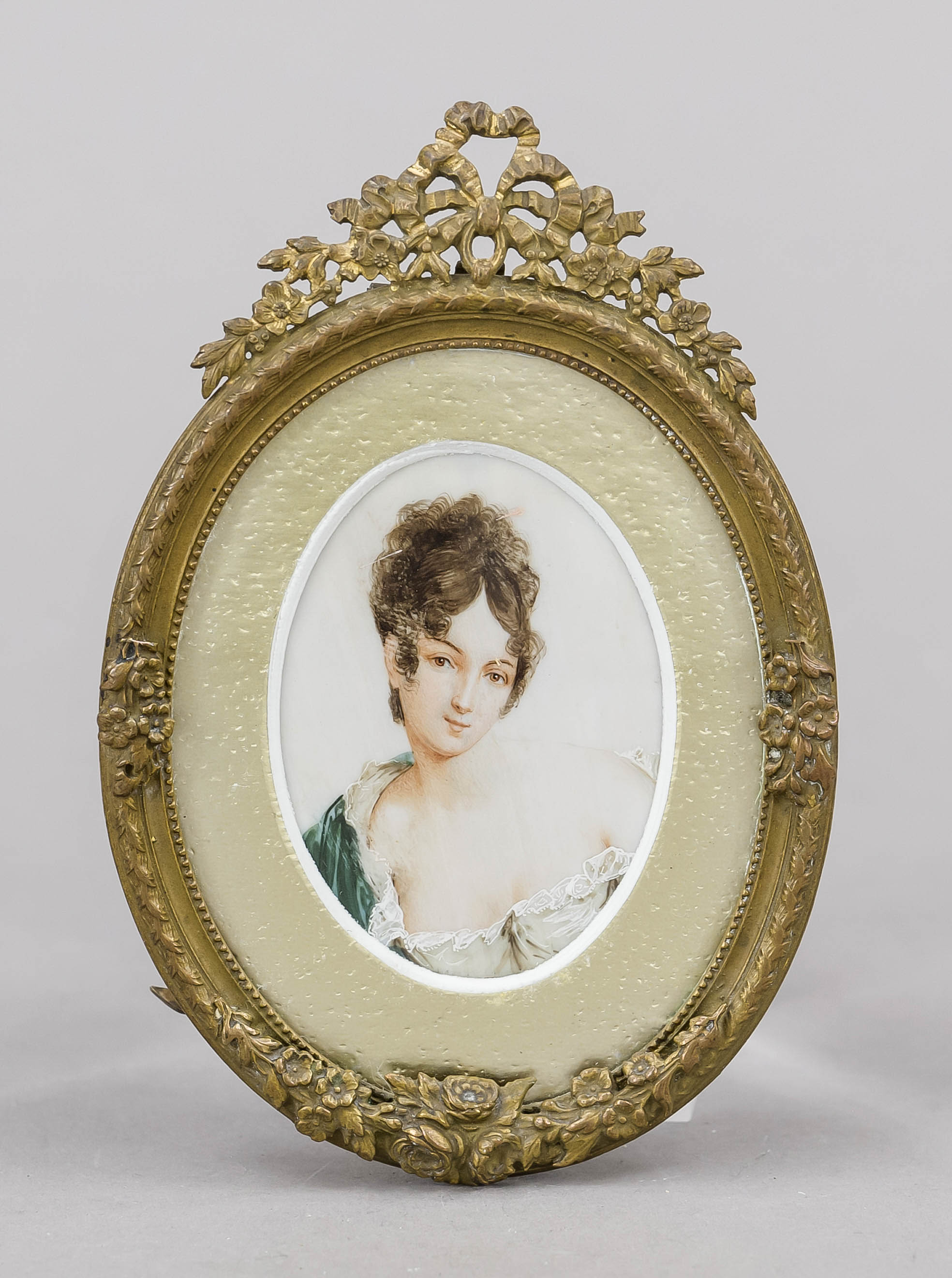 Miniature, 19th century, polychrome tempera painting on bone plate, unopened, oval portrait of a