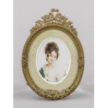 Miniature, 19th century, polychrome tempera painting on bone plate, unopened, oval portrait of a