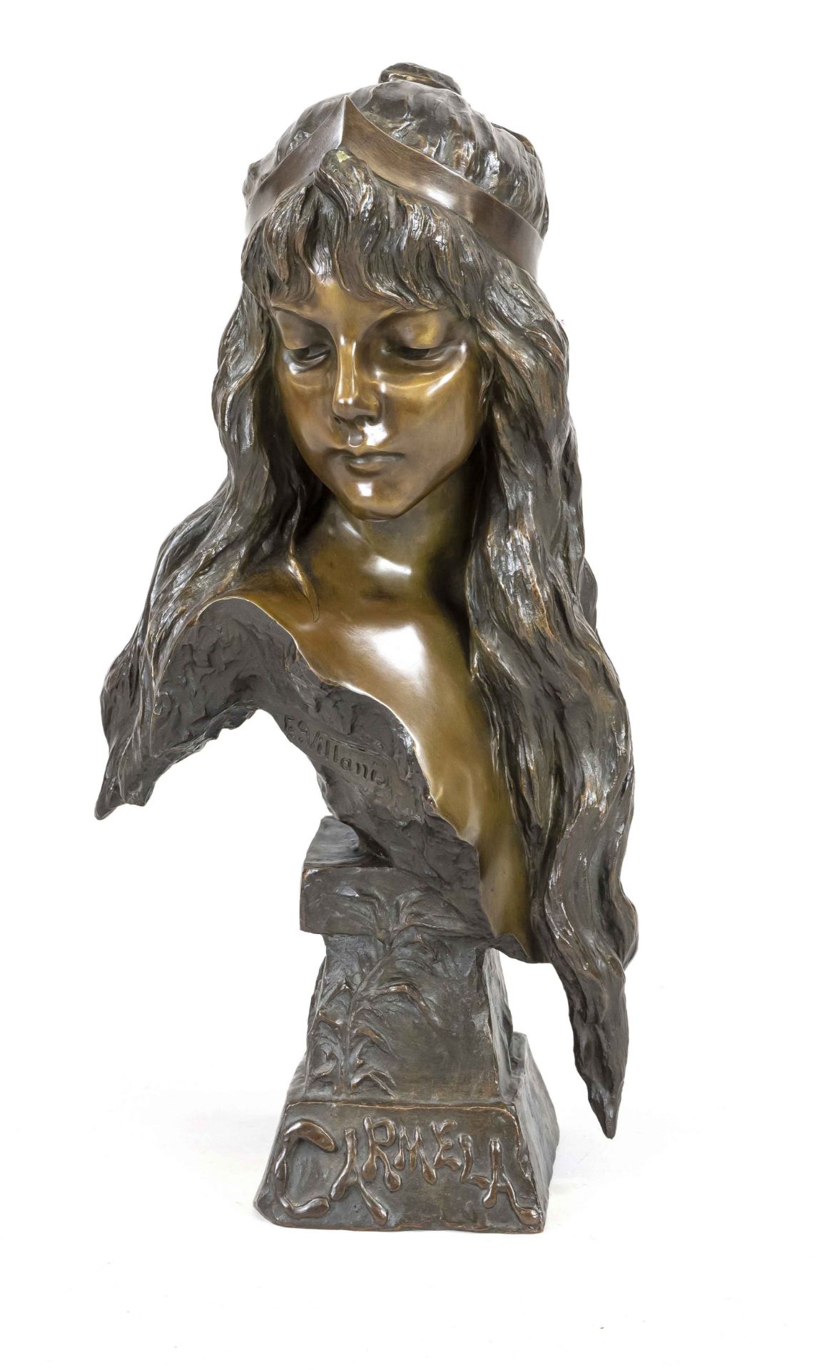 Emmanuelle Villanes (1858 - 1914), Art Nouveau bust of Carmela, green-brown patinated bronze, signed