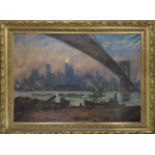 Mogens Ege (1892-1946), Danish painter, very large panorama of New York with Brooklyn Bridge, oil on