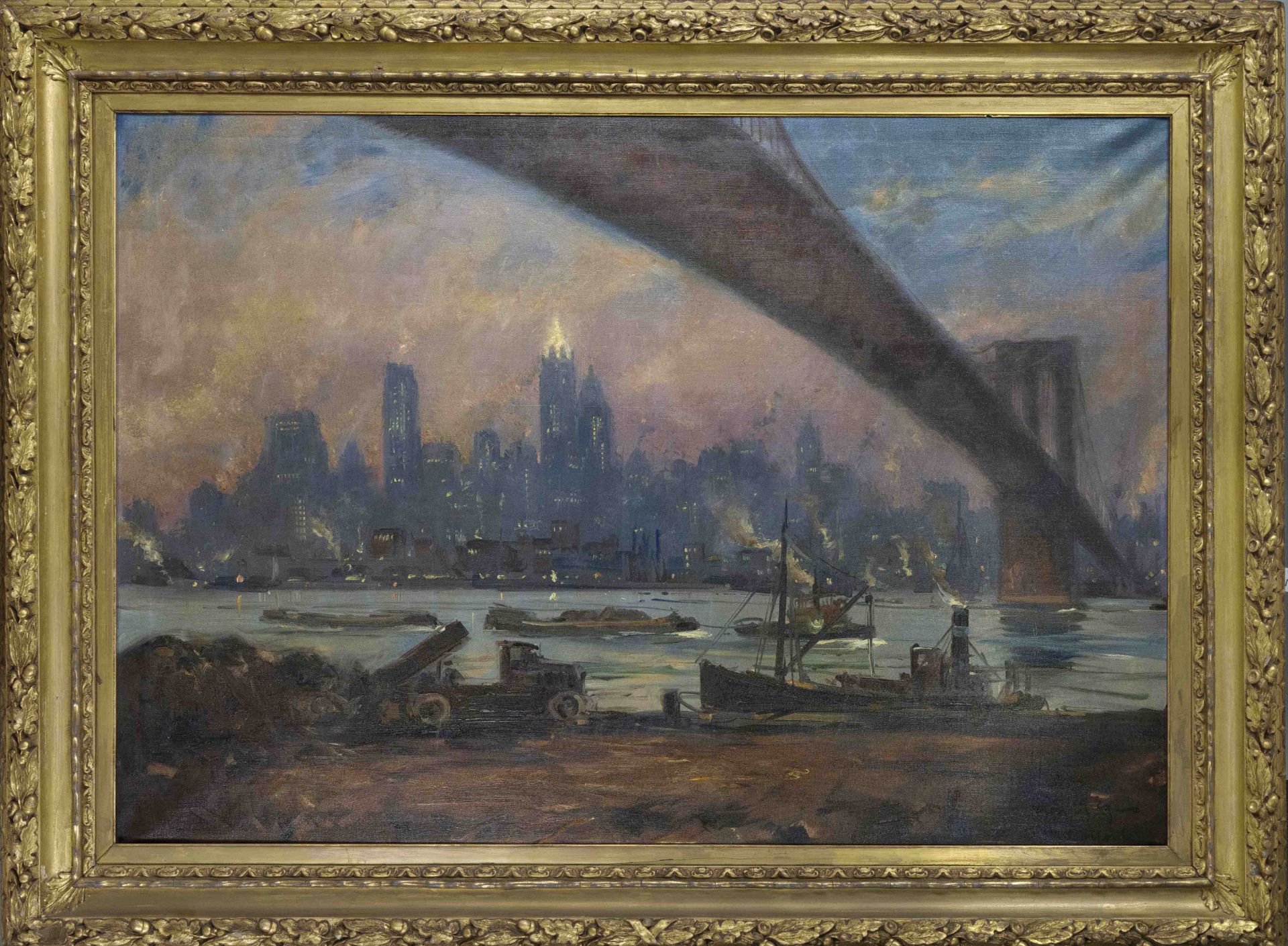 Mogens Ege (1892-1946), Danish painter, very large panorama of New York with Brooklyn Bridge, oil on