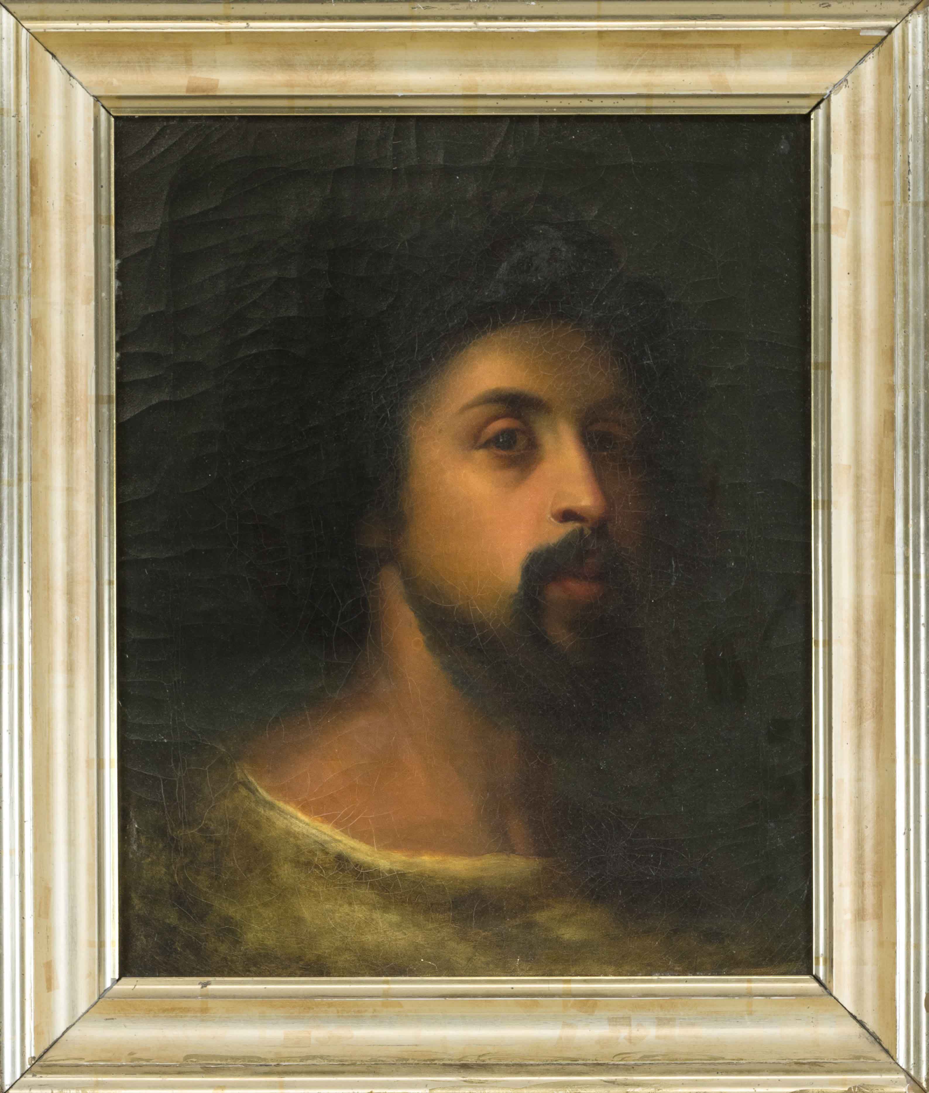 Italian painter of the 19th century, Portrait of a young man against a dark background, oil on