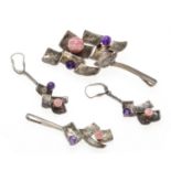 3-piece jewelry set, circa 1970, silver 835/000, consisting of rectangular elements in hammered