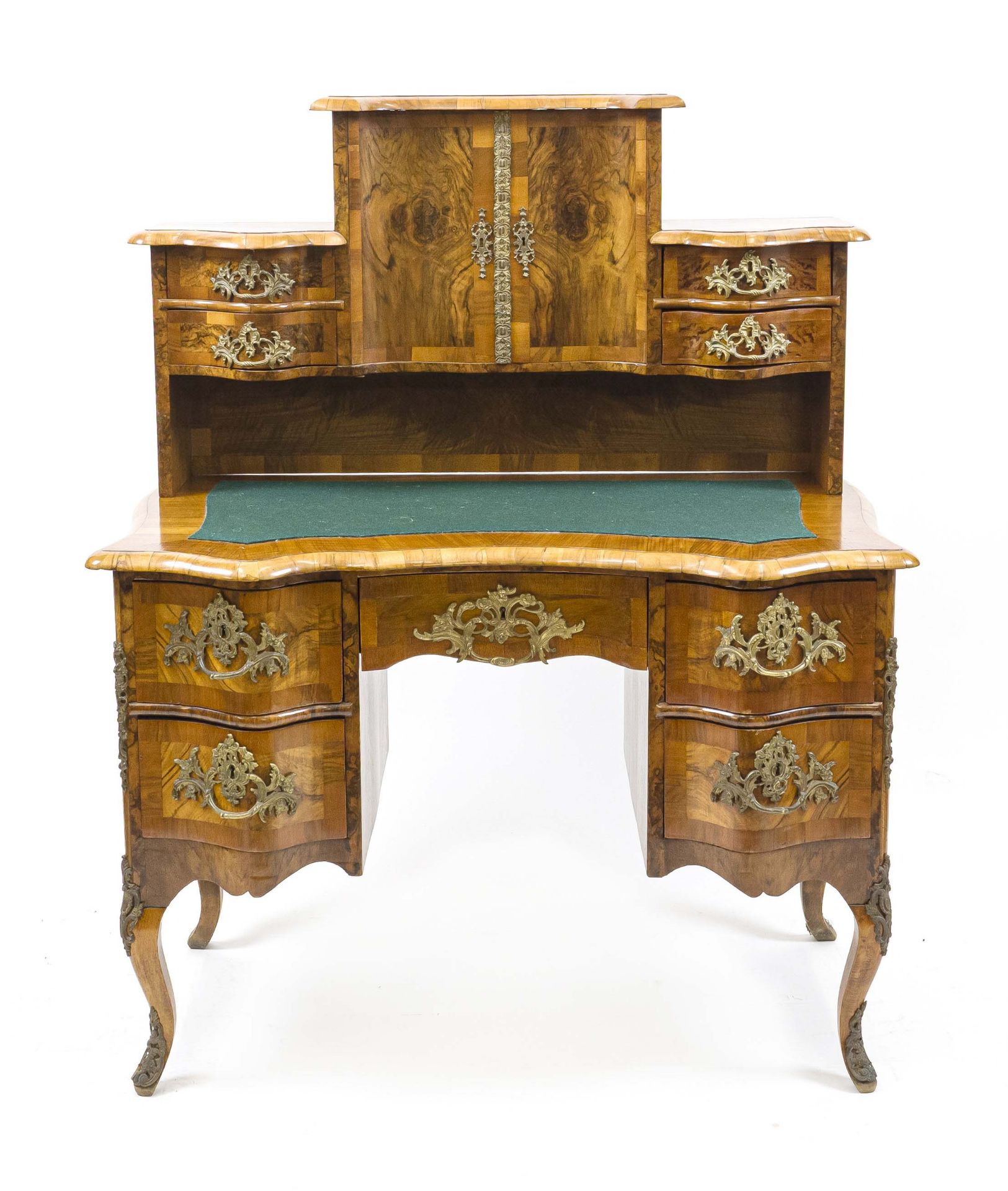 Decorative top desk in Dresden Baroque style, 19th century, walnut/rootwood, curved body with 2-door