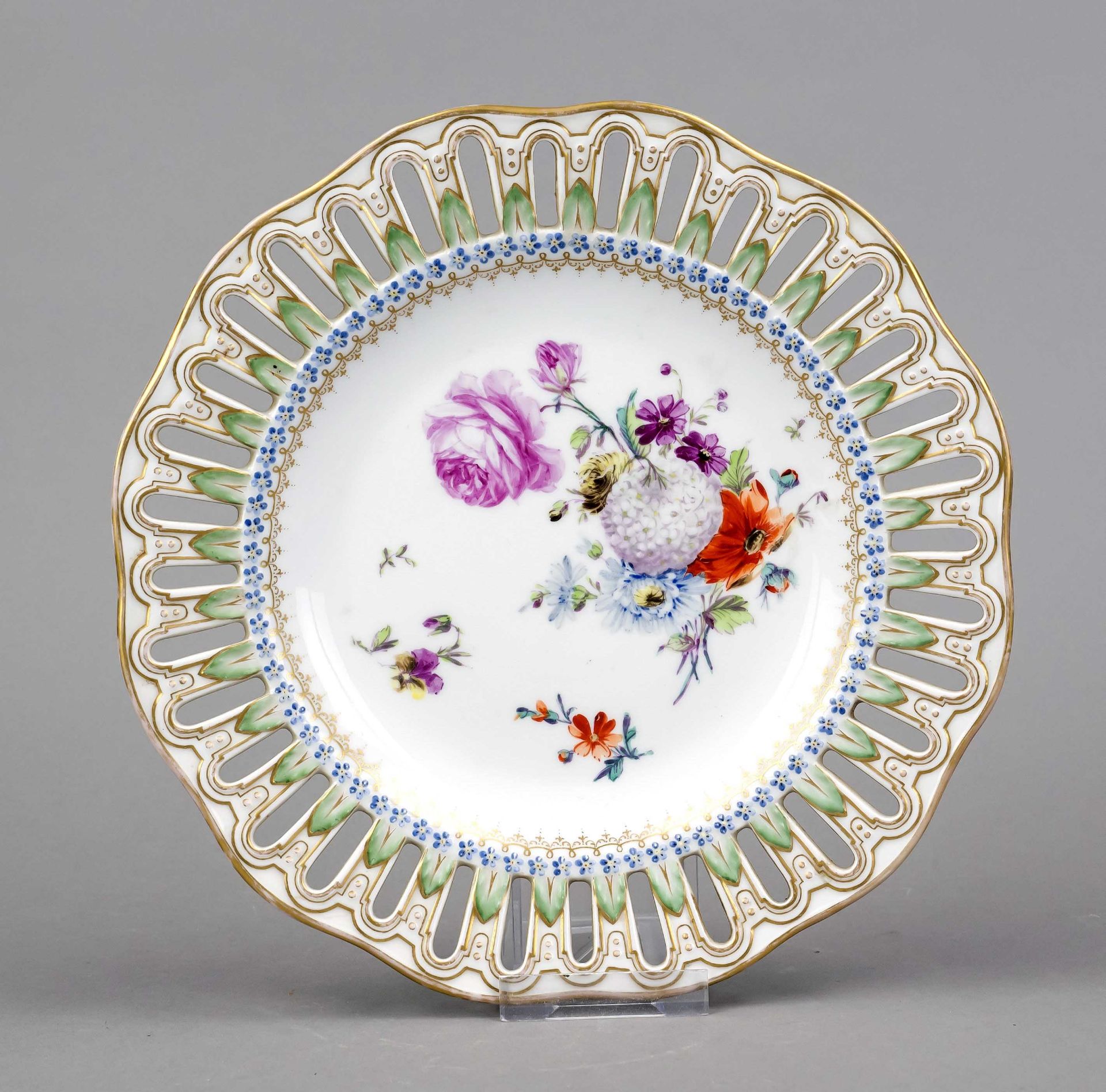 Openwork plate, Helena Wolfsohn, Dresden, late 19th century, polychrome floral painting, rim with