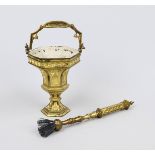 Holy water vessel and dispenser, 19th century, bronze with residual gilding. Hexagonal vessel in