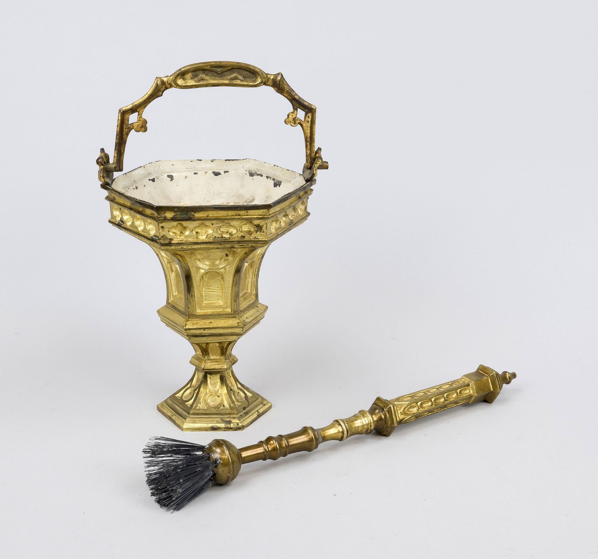 Holy water vessel and dispenser, 19th century, bronze with residual gilding. Hexagonal vessel in