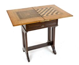 Handcrafted/game and chess table, circa 1910, oak, hinged top with chess and checkers marquetry, set