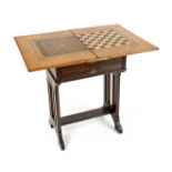 Handcrafted/game and chess table, circa 1910, oak, hinged top with chess and checkers marquetry, set