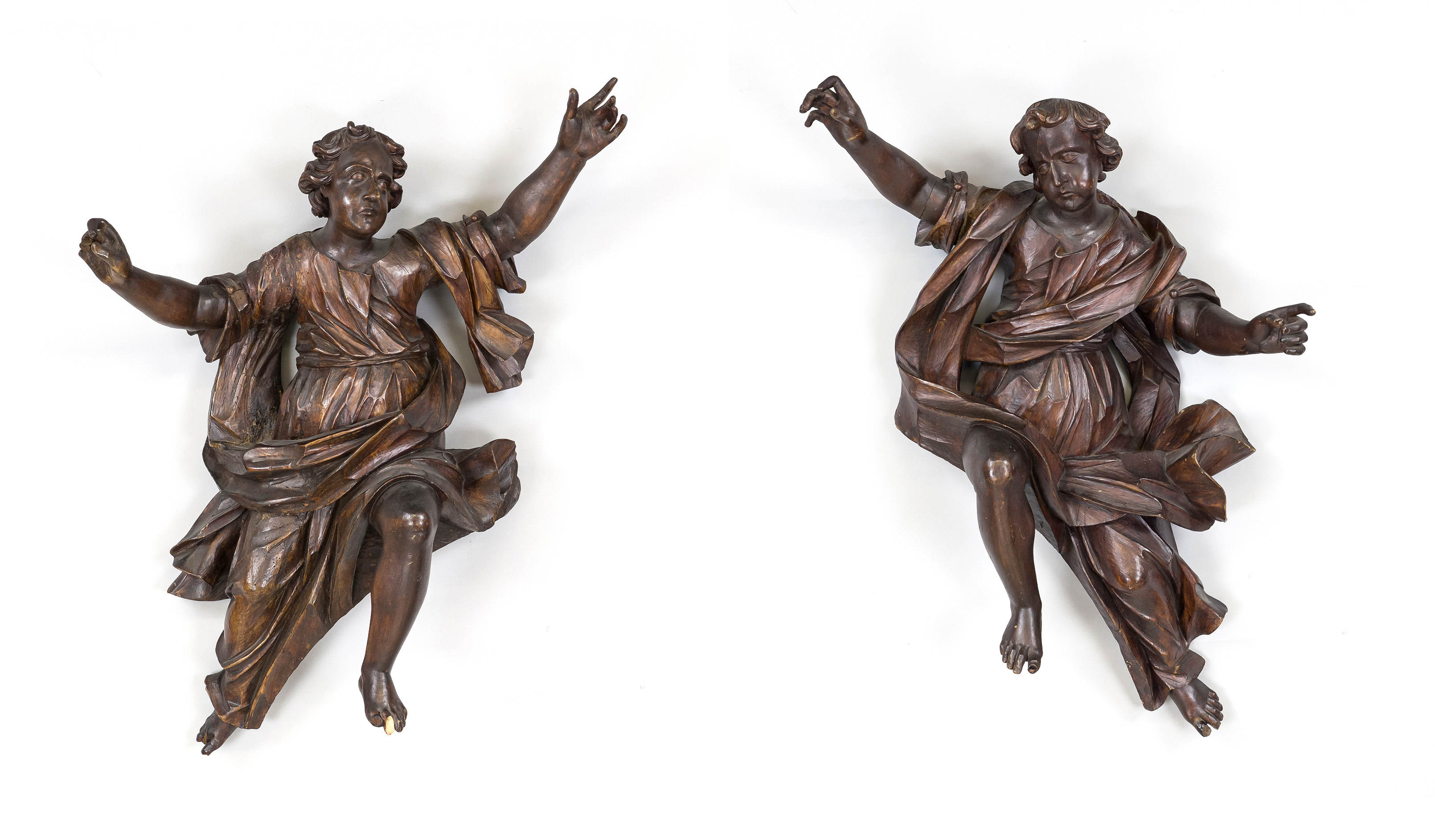 Pair of baroque hovering angels, 18th century, large, sculpturally carved wooden figures for wall