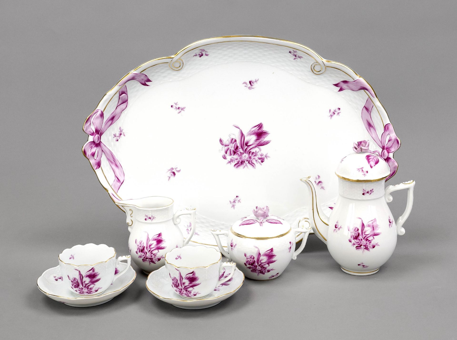 Tête-a-tête, 8-piece, Herend, Hungary, Ozier shape, purple floral painting, ornamental gilding,