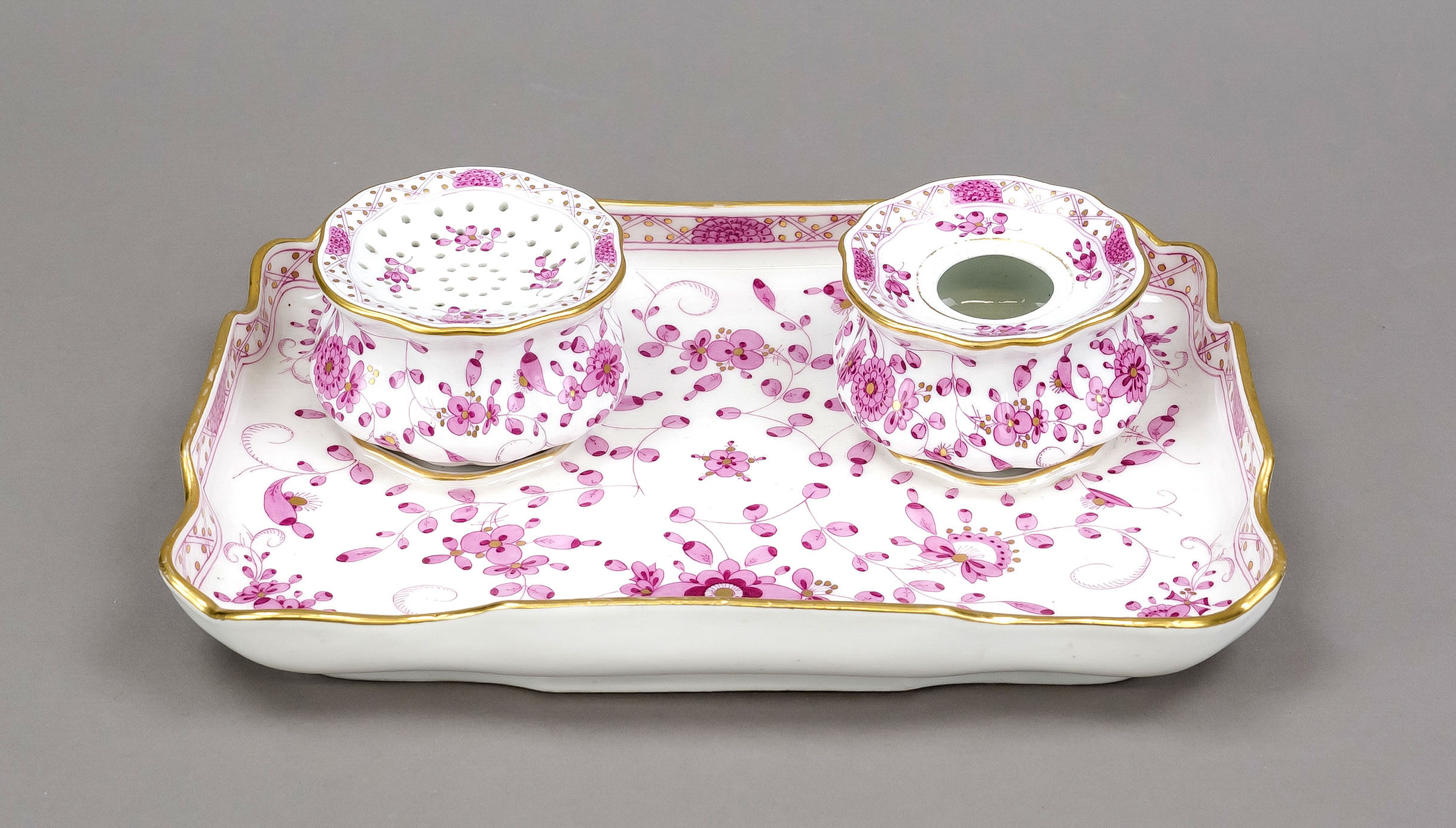 Writing set, 3-piece, Meissen, Knauff Schwerter 1850-1924, 1st choice, model no. Y 38 A, Indian