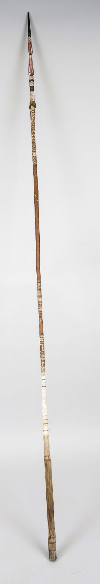 Javelin, probably Borneo 19th century. Wood, carved and painted. Tip with two barbs, otherwise