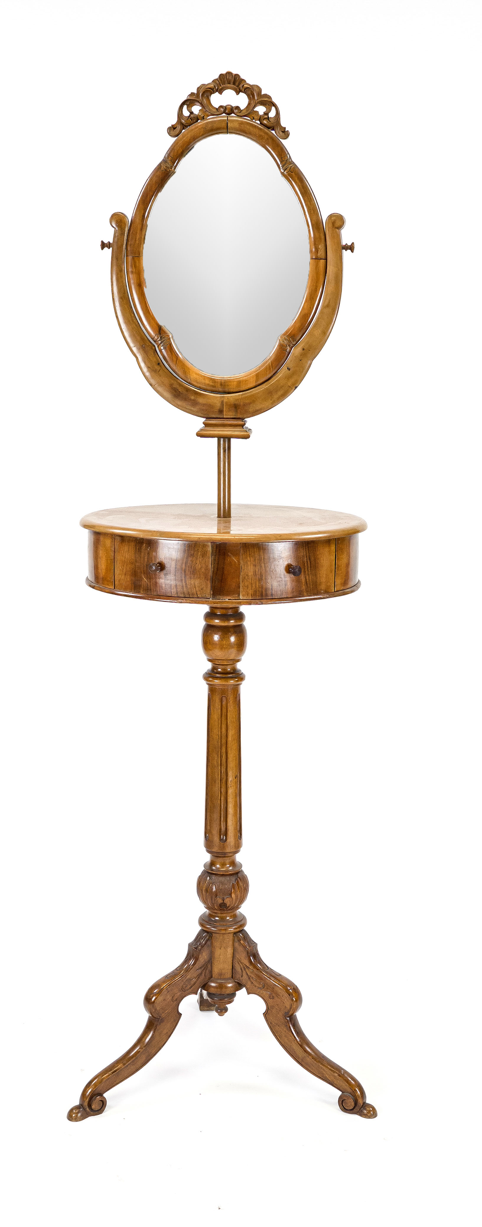 Psyche/dressing table, 19th century, mahogany, tall shaft on three volute feet, oval body with two