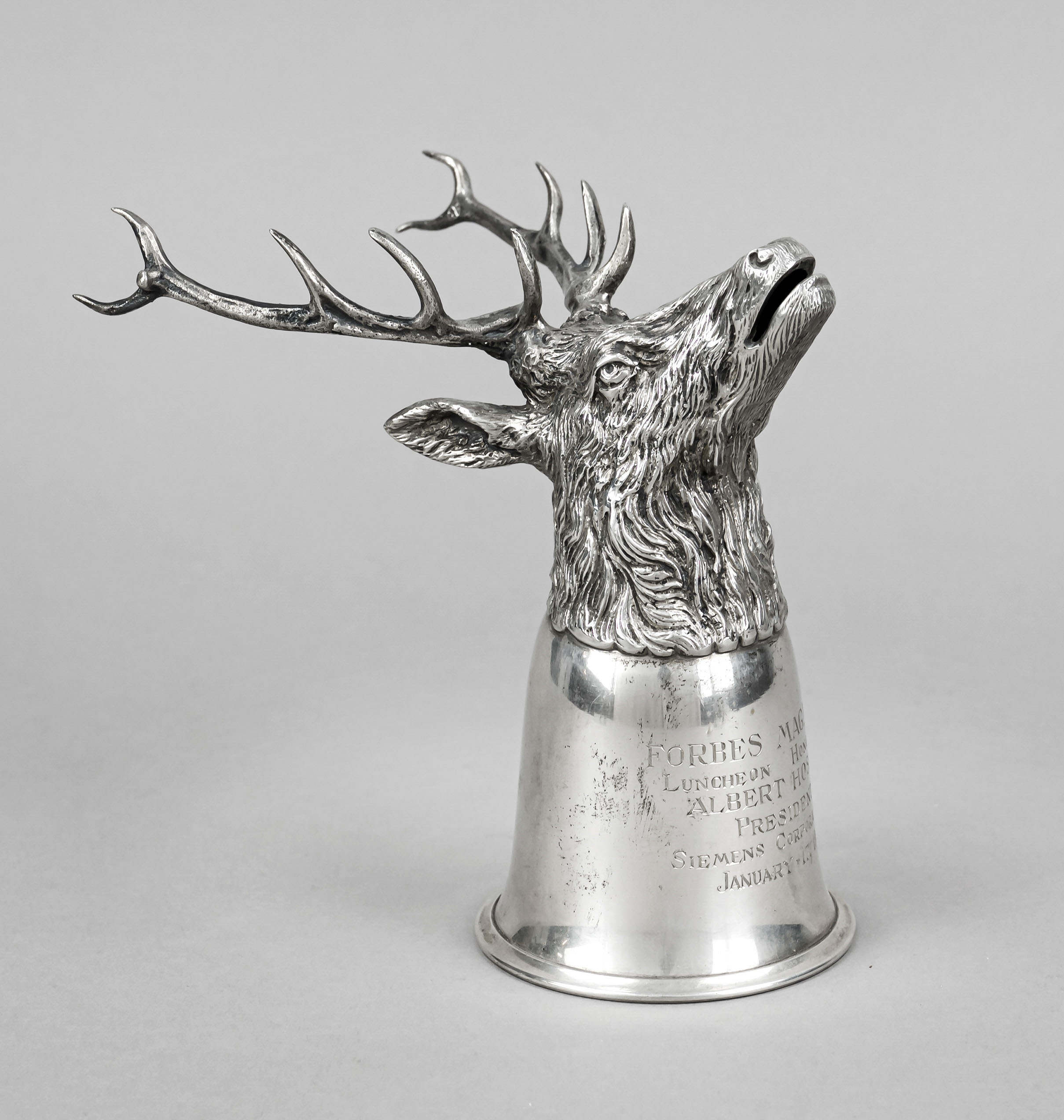 Figural tumblers, Italy, 2nd half 20th century, marked Gucci, silver 800/000, stag's head, bell-