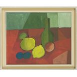 Unidentified artist c. 1970, abstract still life with lemons, oil on canvas, indistinctly signed and