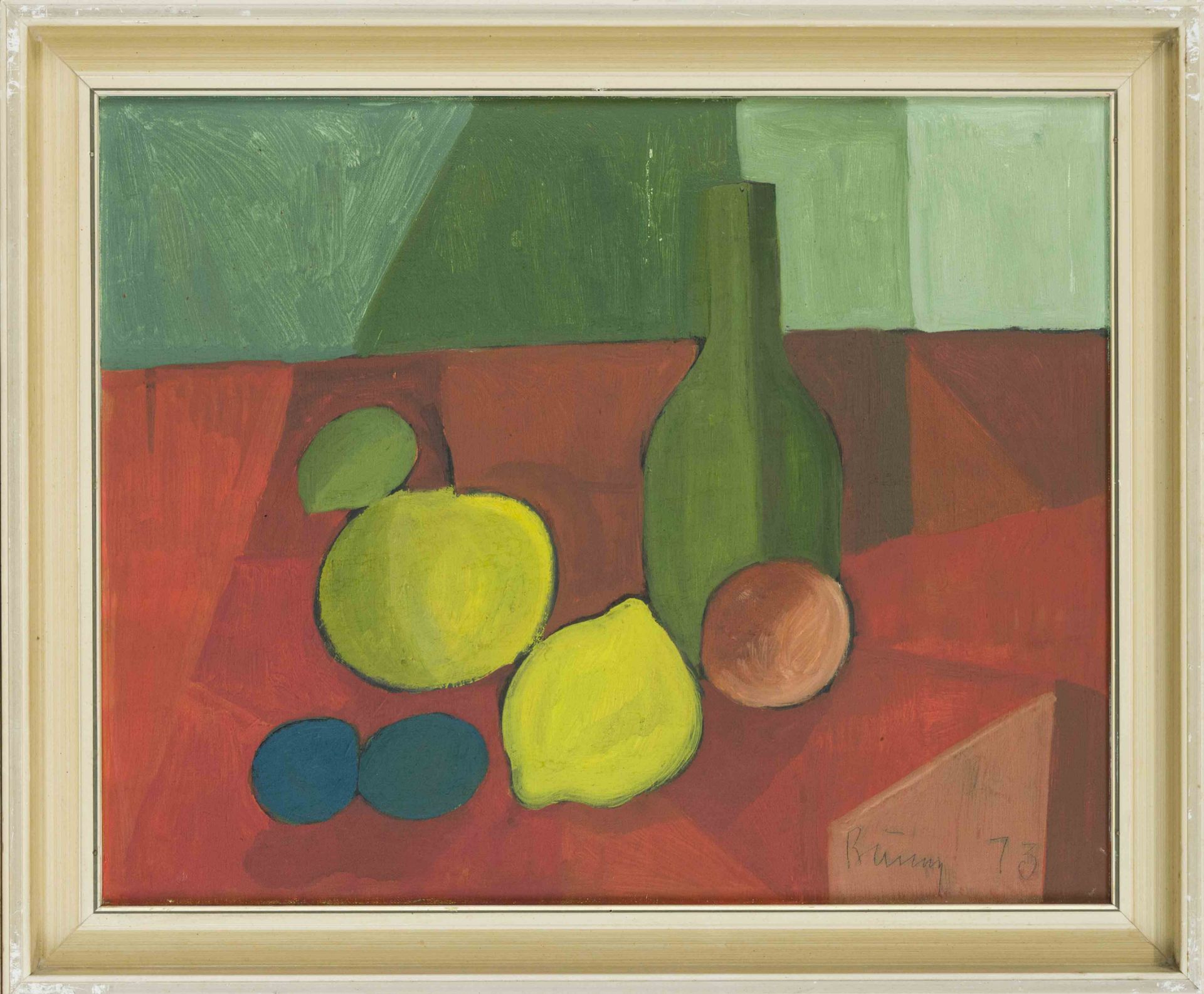 Unidentified artist c. 1970, abstract still life with lemons, oil on canvas, indistinctly signed and