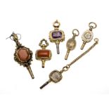 6 antique pocket watch keys, 19th century, with two stones, with engraving and stone, filled with